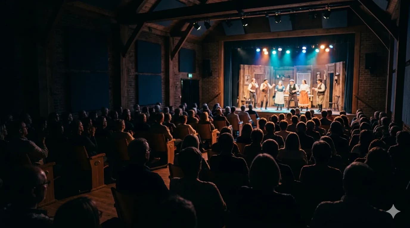 Toneelgezelschap op een verlicht podium voor een volle zaal